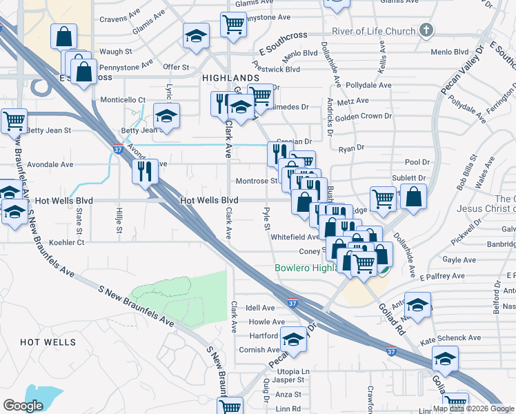 map of restaurants, bars, coffee shops, grocery stores, and more near 944 Hot Wells Boulevard in San Antonio