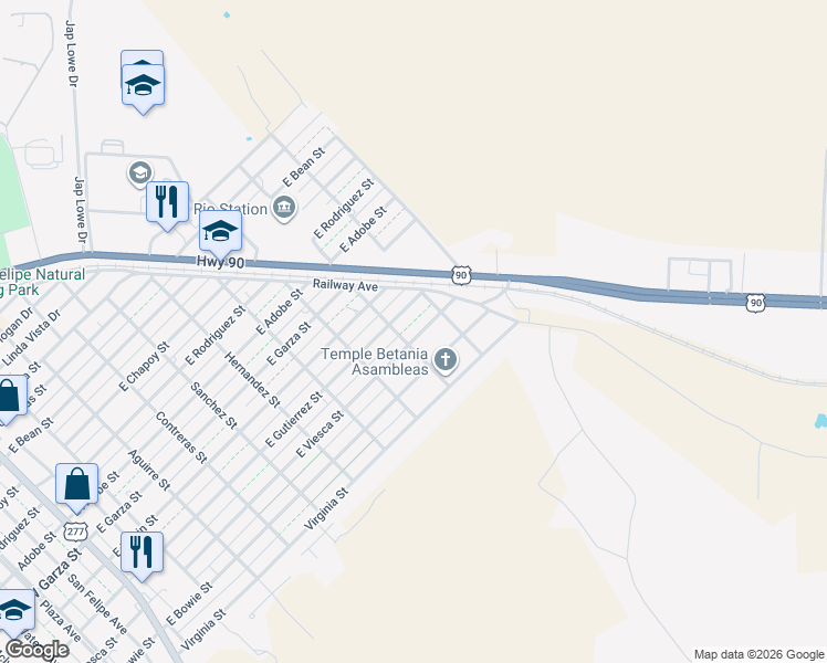 map of restaurants, bars, coffee shops, grocery stores, and more near 904 East Viesca Street in Del Rio