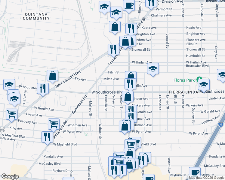 map of restaurants, bars, coffee shops, grocery stores, and more near 1102 Berlin Avenue in San Antonio