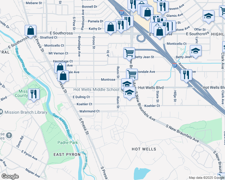 map of restaurants, bars, coffee shops, grocery stores, and more near 326 Hot Wells Boulevard in San Antonio