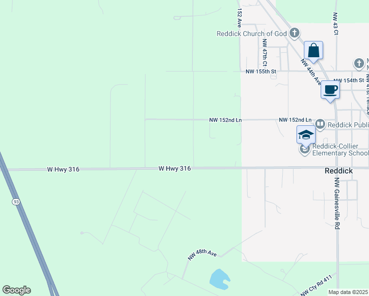 map of restaurants, bars, coffee shops, grocery stores, and more near 15150 Northwest 52 Avenue in Reddick