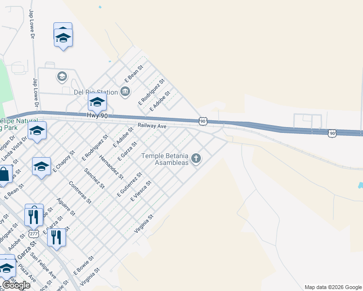 map of restaurants, bars, coffee shops, grocery stores, and more near 904 East Viesca Street in Del Rio