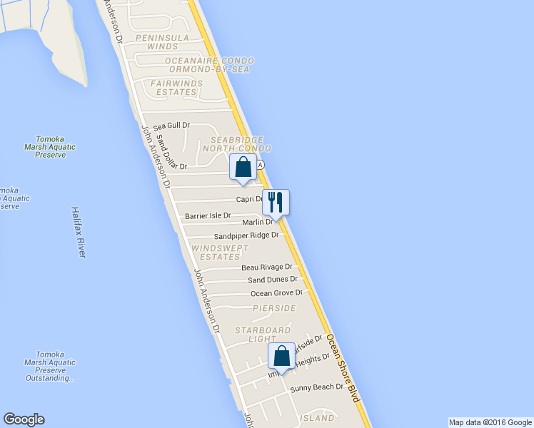 map of restaurants, bars, coffee shops, grocery stores, and more near 3020 Ocean Shore Boulevard in Ormond Beach