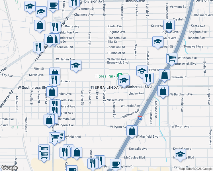 map of restaurants, bars, coffee shops, grocery stores, and more near 879 West Southcross Boulevard in San Antonio