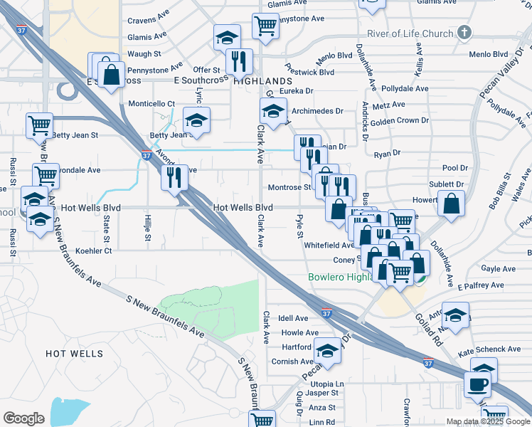 map of restaurants, bars, coffee shops, grocery stores, and more near 902 Hot Wells Boulevard in San Antonio