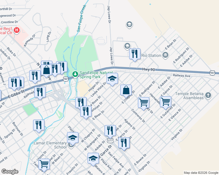 map of restaurants, bars, coffee shops, grocery stores, and more near 404 East De La Rosa Street in Del Rio