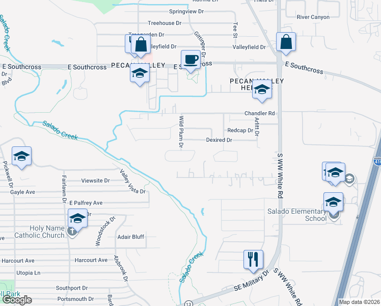 map of restaurants, bars, coffee shops, grocery stores, and more near 4214 Desert Gold Drive in San Antonio
