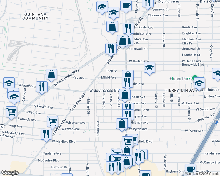 map of restaurants, bars, coffee shops, grocery stores, and more near 1102 Berlin Avenue in San Antonio