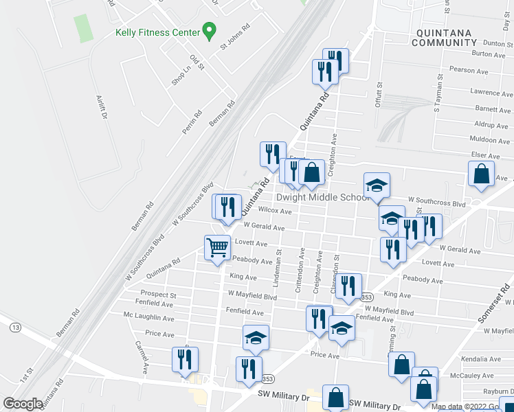 map of restaurants, bars, coffee shops, grocery stores, and more near 523 Wilcox Avenue in San Antonio