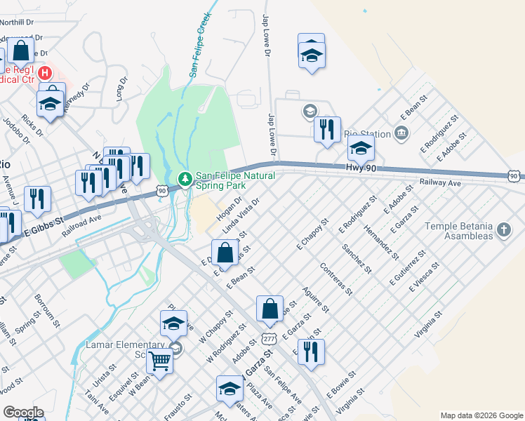 map of restaurants, bars, coffee shops, grocery stores, and more near 404 East De La Rosa Street in Del Rio