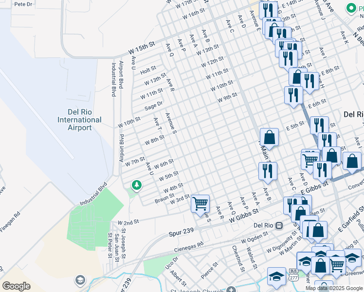 map of restaurants, bars, coffee shops, grocery stores, and more near 604 West 7th Street in Del Rio