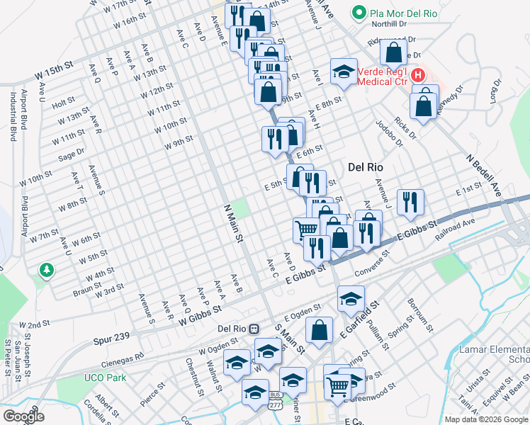 map of restaurants, bars, coffee shops, grocery stores, and more near 209 East 4th Street in Del Rio