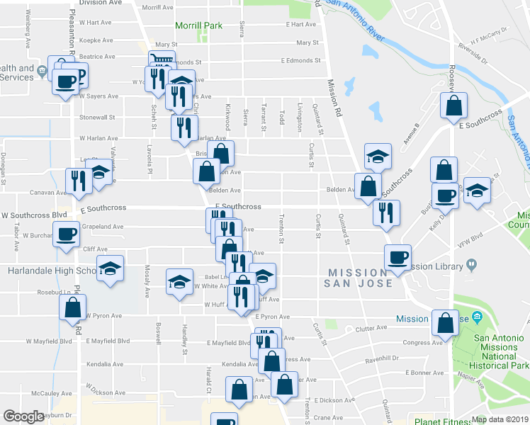 map of restaurants, bars, coffee shops, grocery stores, and more near 503 East Southcross in San Antonio