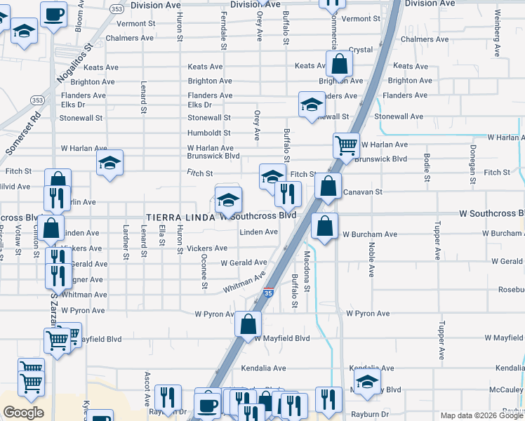 map of restaurants, bars, coffee shops, grocery stores, and more near 743 West Southcross Boulevard in San Antonio