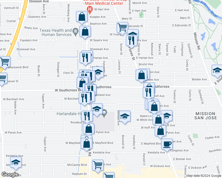 map of restaurants, bars, coffee shops, grocery stores, and more near 206 East Southcross in San Antonio
