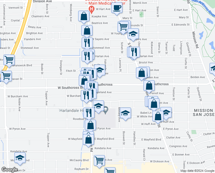map of restaurants, bars, coffee shops, grocery stores, and more near 166 East Southcross in San Antonio