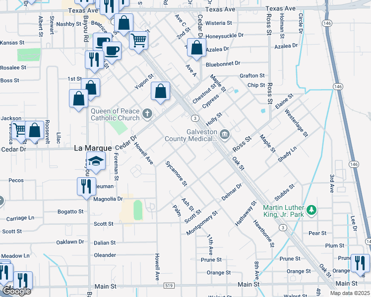 map of restaurants, bars, coffee shops, grocery stores, and more near 1107 Holly Street in La Marque
