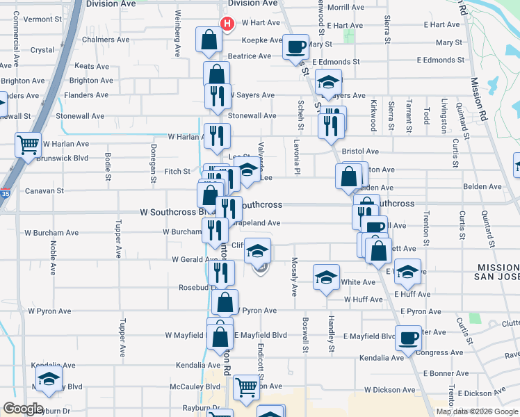 map of restaurants, bars, coffee shops, grocery stores, and more near 158 East Southcross in San Antonio