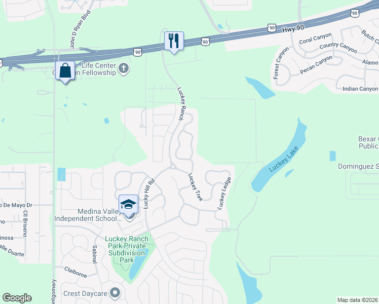 map of restaurants, bars, coffee shops, grocery stores, and more near 6231 Luckey Run in San Antonio