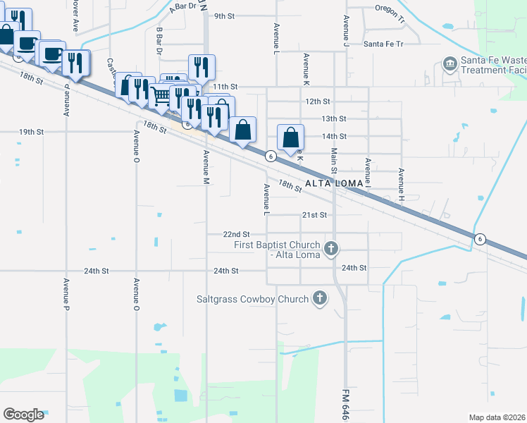 map of restaurants, bars, coffee shops, grocery stores, and more near 5122 Avenue L in Santa Fe
