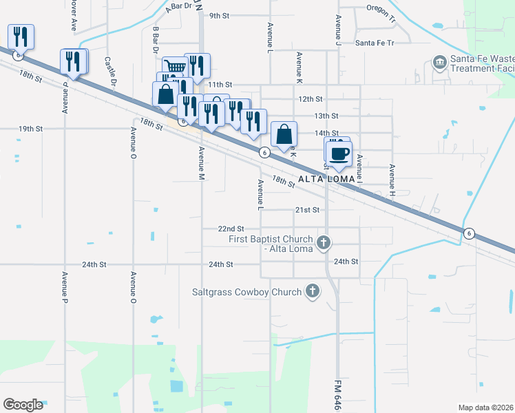 map of restaurants, bars, coffee shops, grocery stores, and more near 5122 Avenue L in Santa Fe