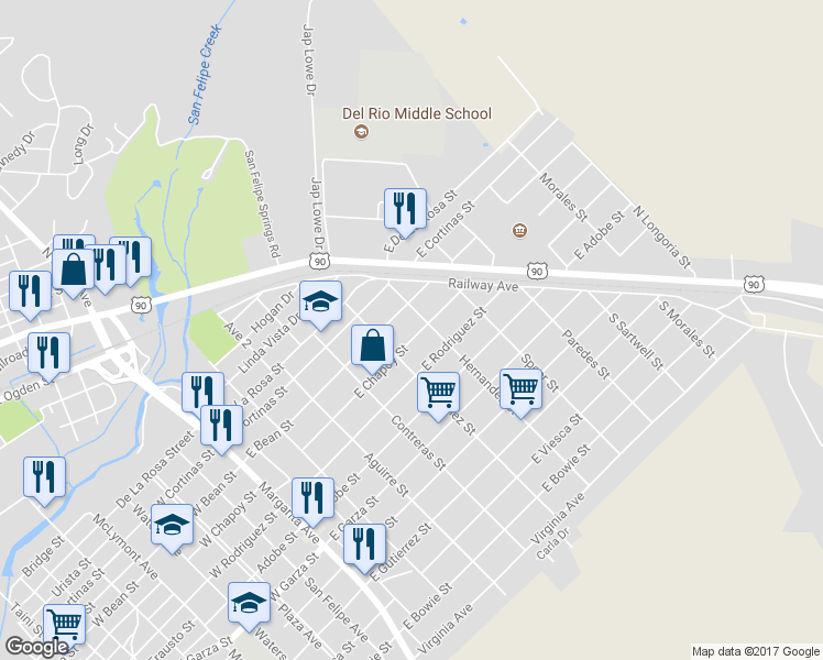 map of restaurants, bars, coffee shops, grocery stores, and more near 512 East Chapoy Street in Del Rio