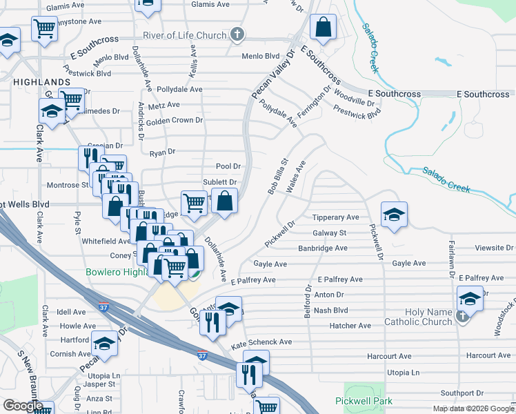 map of restaurants, bars, coffee shops, grocery stores, and more near 3307 Bob Billa Street in San Antonio