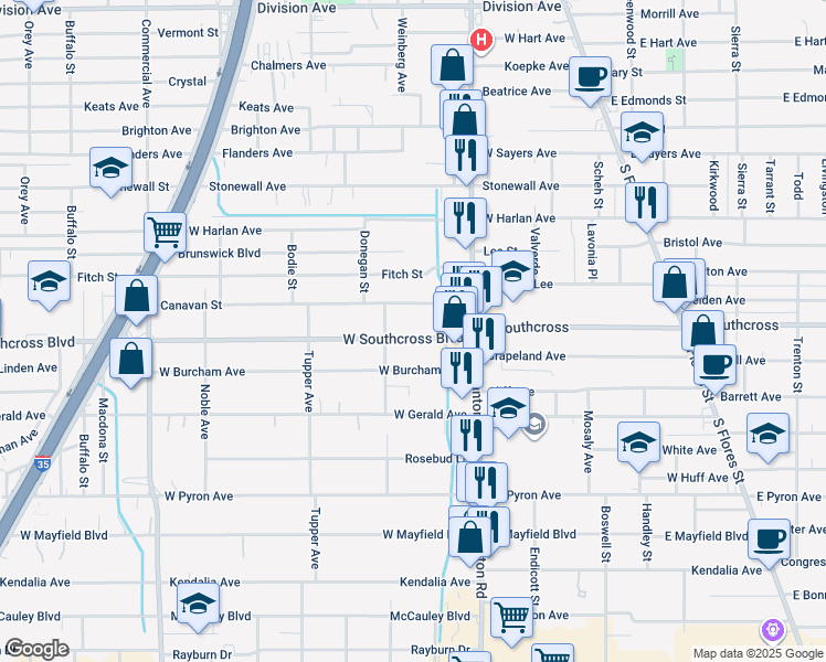 map of restaurants, bars, coffee shops, grocery stores, and more near 213 West Southcross Boulevard in San Antonio