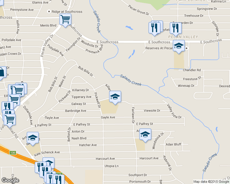 map of restaurants, bars, coffee shops, grocery stores, and more near 251 Killarney Drive in San Antonio