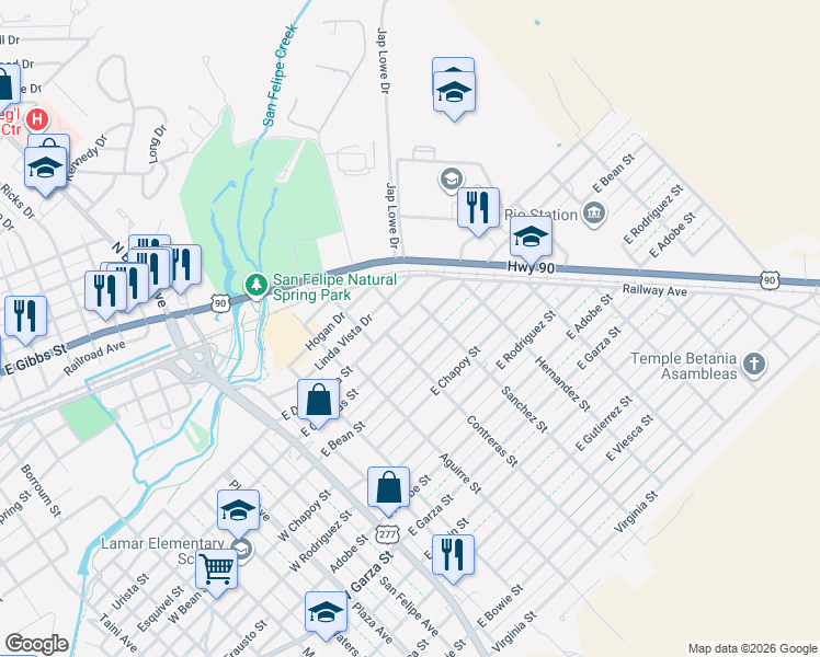 map of restaurants, bars, coffee shops, grocery stores, and more near 408 East Cortinas Street in Del Rio