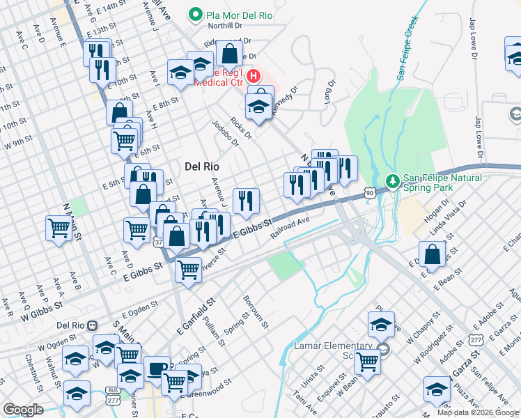 map of restaurants, bars, coffee shops, grocery stores, and more near 1100 E Gibbs St in Del Rio