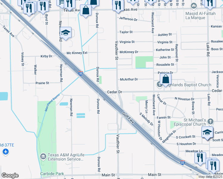 map of restaurants, bars, coffee shops, grocery stores, and more near 3112 Cedar Drive in La Marque