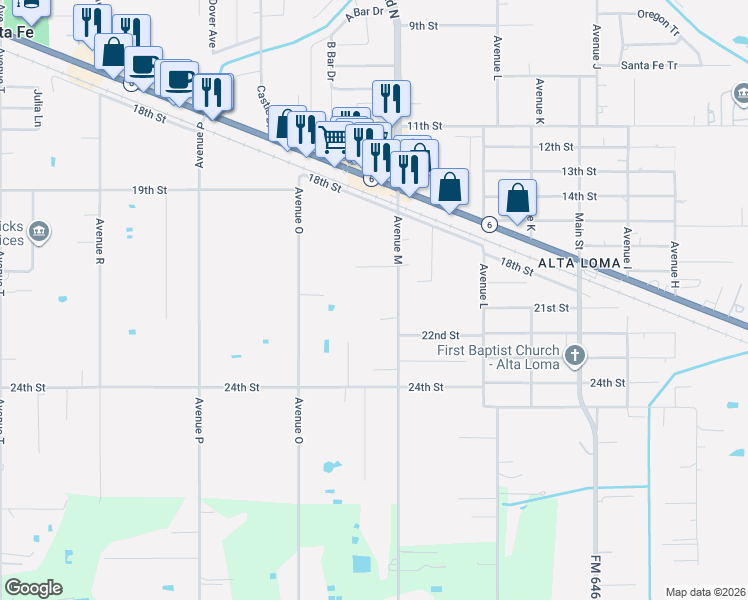 map of restaurants, bars, coffee shops, grocery stores, and more near 5202 Avenue M in Santa Fe