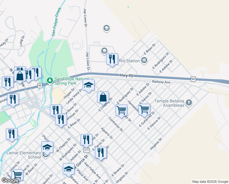map of restaurants, bars, coffee shops, grocery stores, and more near 512 East Chapoy Street in Del Rio