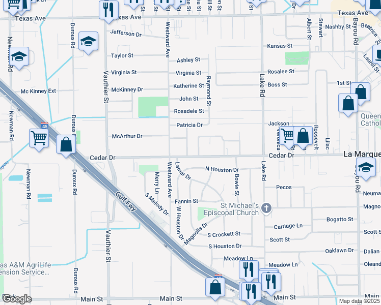 map of restaurants, bars, coffee shops, grocery stores, and more near 1111 Layman Street in La Marque