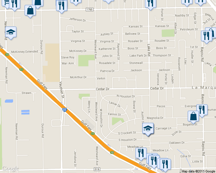 map of restaurants, bars, coffee shops, grocery stores, and more near 1111 Layman Street in La Marque