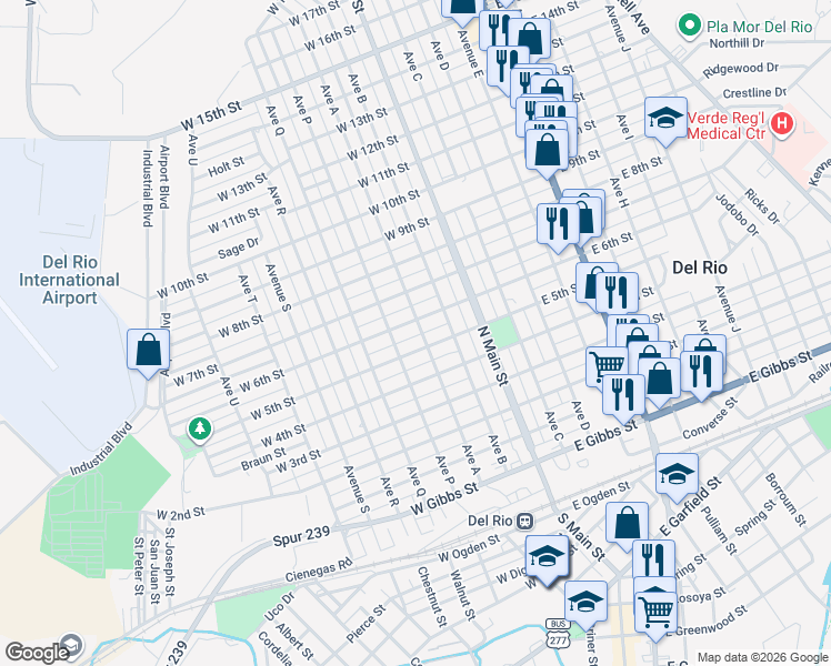 map of restaurants, bars, coffee shops, grocery stores, and more near 701-747 Ave A in Del Rio