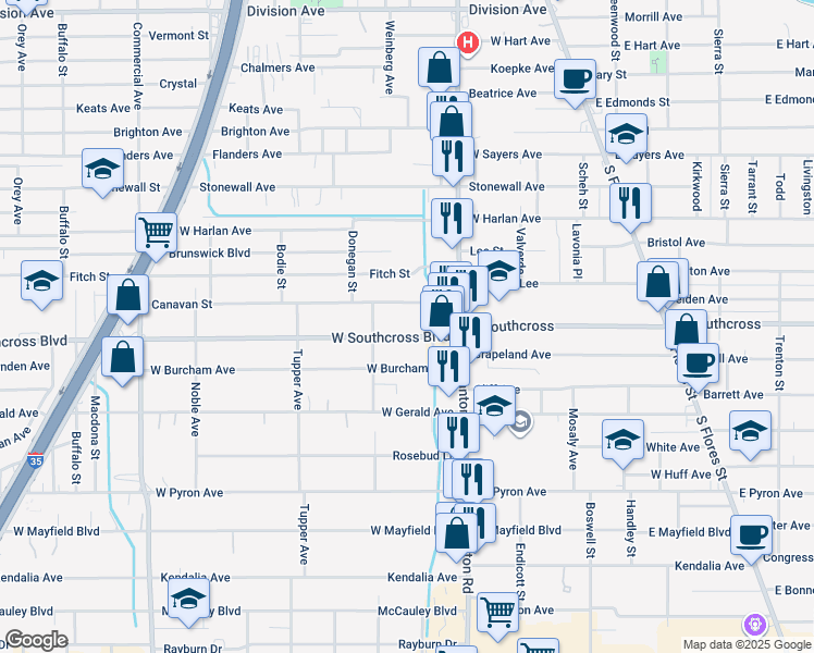map of restaurants, bars, coffee shops, grocery stores, and more near 213 West Southcross Boulevard in San Antonio