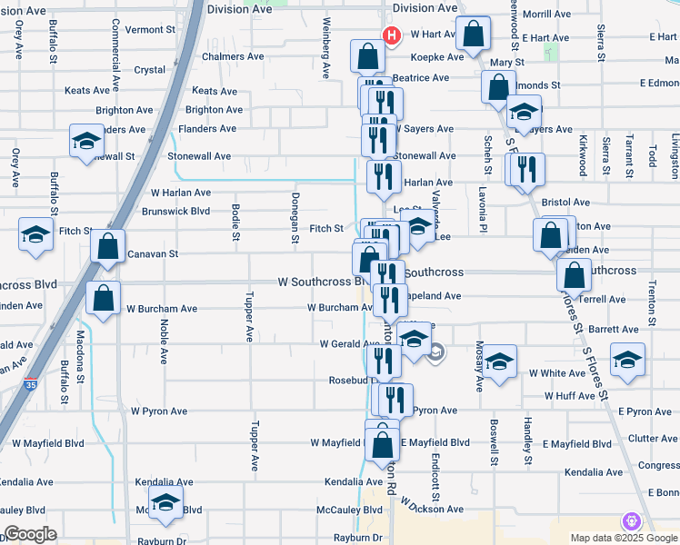 map of restaurants, bars, coffee shops, grocery stores, and more near 213 West Southcross Boulevard in San Antonio