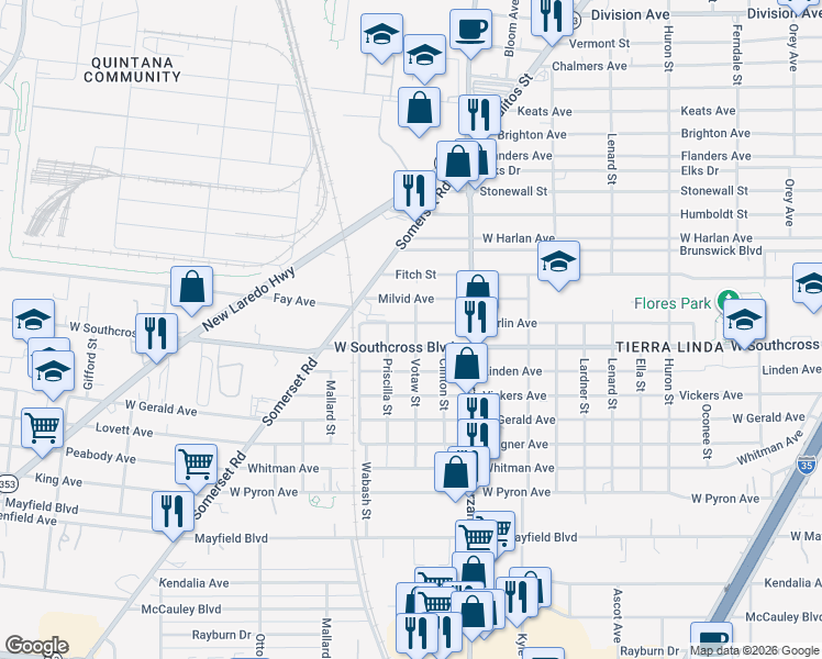 map of restaurants, bars, coffee shops, grocery stores, and more near 1102 Berlin Avenue in San Antonio