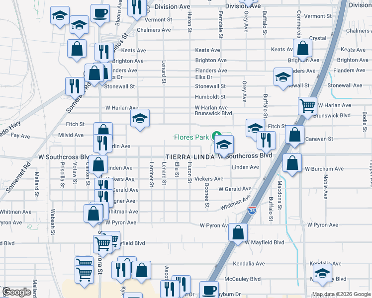 map of restaurants, bars, coffee shops, grocery stores, and more near 879 West Southcross Boulevard in San Antonio