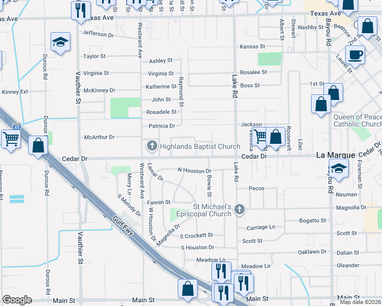 map of restaurants, bars, coffee shops, grocery stores, and more near 2628 Cedar Drive in La Marque