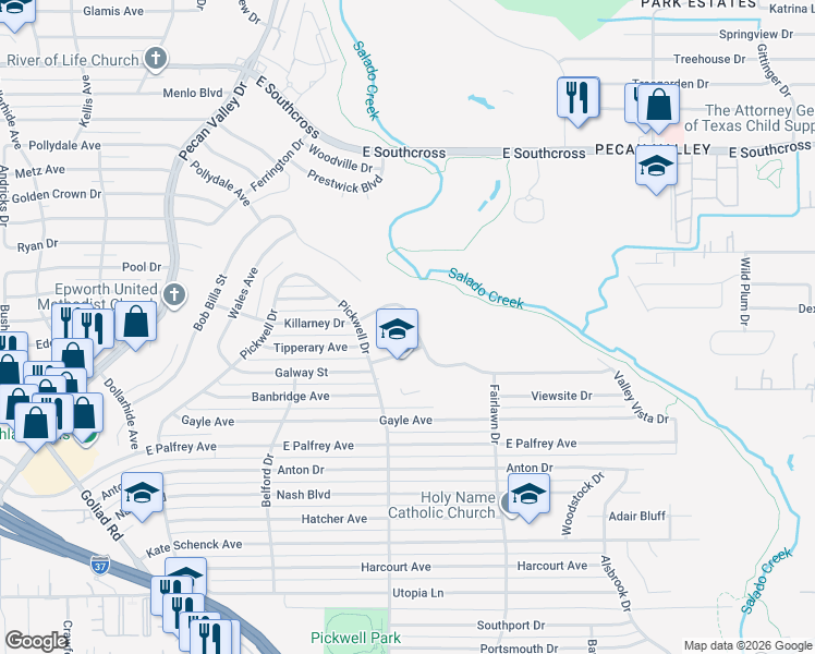 map of restaurants, bars, coffee shops, grocery stores, and more near 251 Killarney Drive in San Antonio