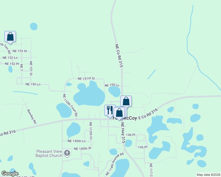 map of restaurants, bars, coffee shops, grocery stores, and more near 11360 Northeast 150 Lane in Fort McCoy