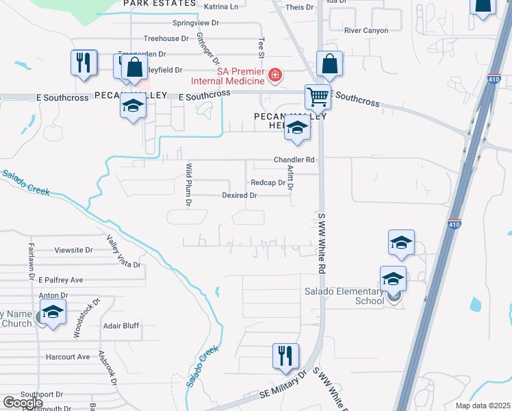 map of restaurants, bars, coffee shops, grocery stores, and more near 4404 Stayman Drive in San Antonio