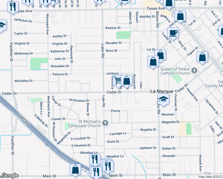 map of restaurants, bars, coffee shops, grocery stores, and more near 2402 Cedar Drive in La Marque