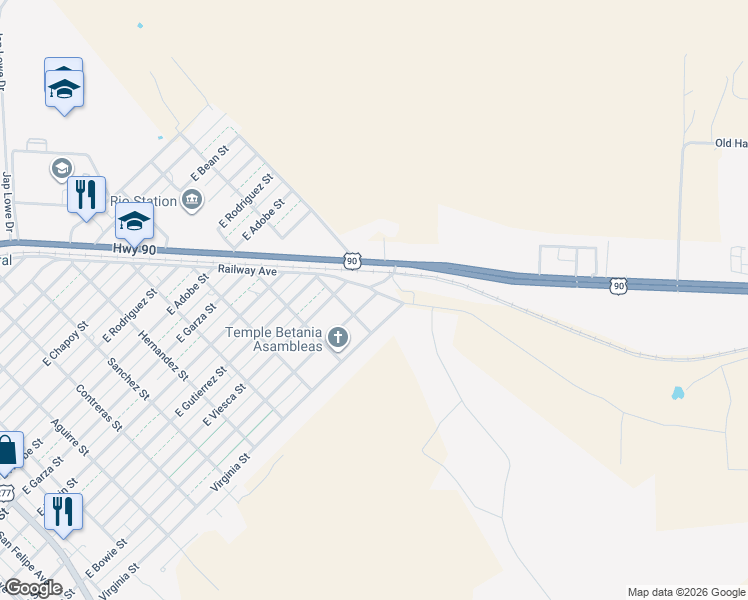 map of restaurants, bars, coffee shops, grocery stores, and more near 1011 East Bowie Street in Del Rio