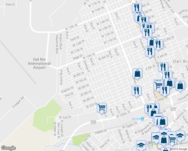 map of restaurants, bars, coffee shops, grocery stores, and more near West 7th Street in Del Rio