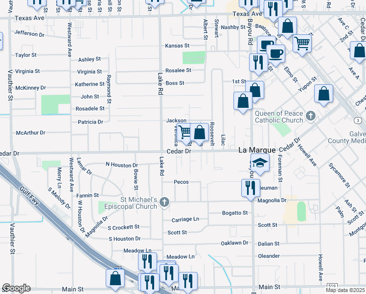 map of restaurants, bars, coffee shops, grocery stores, and more near 2402 Cedar Drive in La Marque