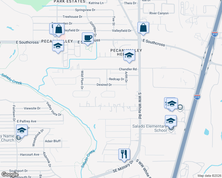 map of restaurants, bars, coffee shops, grocery stores, and more near 4404 Stayman Drive in San Antonio